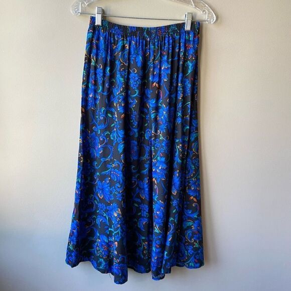 Vintage 80s/90s Liz Baker Essentials Elastic Waist A-Line Six Panel Blue Paisley - Picture 4 of 7